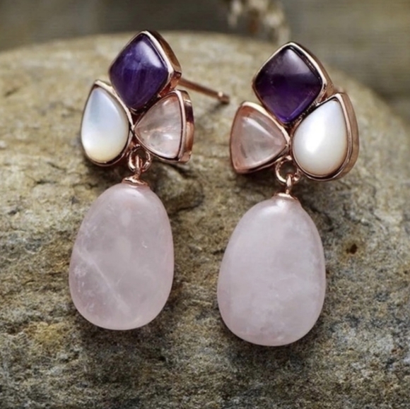 Rose Quartz Teardrop Amethyst Dangle Statement Earrings - Picture 4 of 8